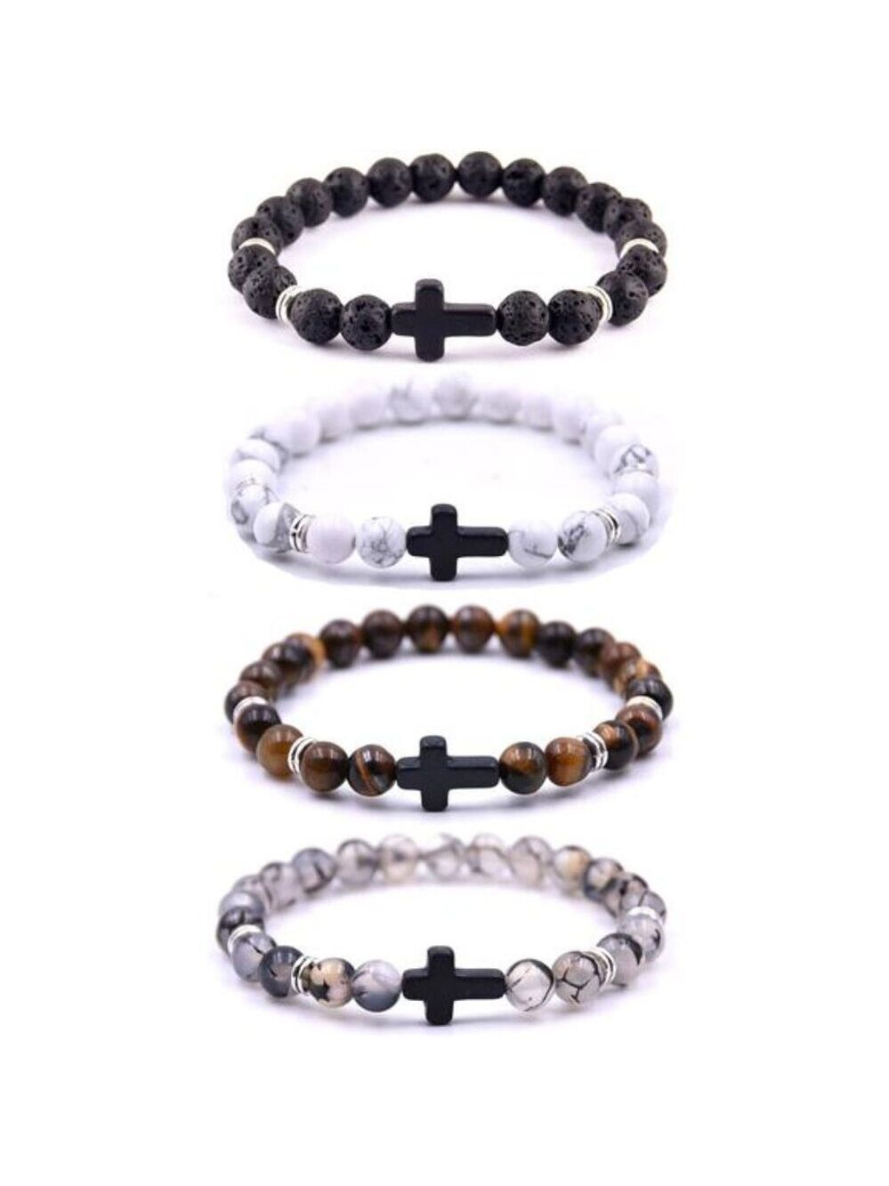 Lava Stone Bracelets Cross Beads Stretch Aromatherapy Healing Men Women 8mm Set
